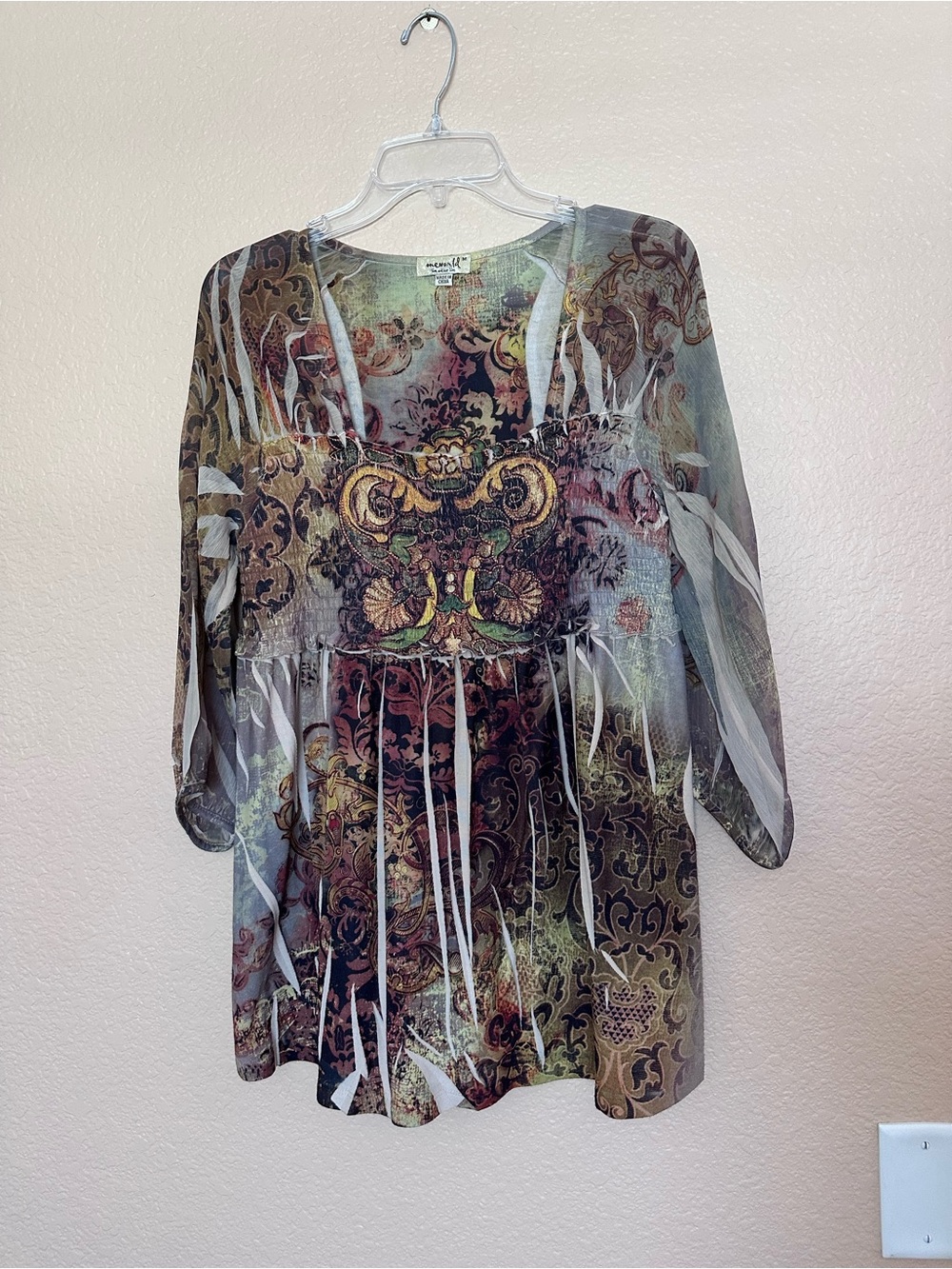 ONE WORLD Paisley Floral Print Long Sleeve Boho Blouse - Multicolor